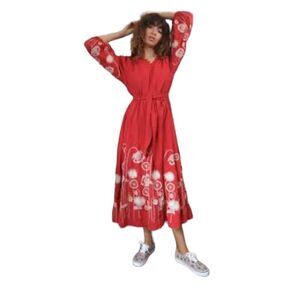 The Great Derby Embroidered Floral Belted Cotton A-Line Dress Women’s Red Size 2